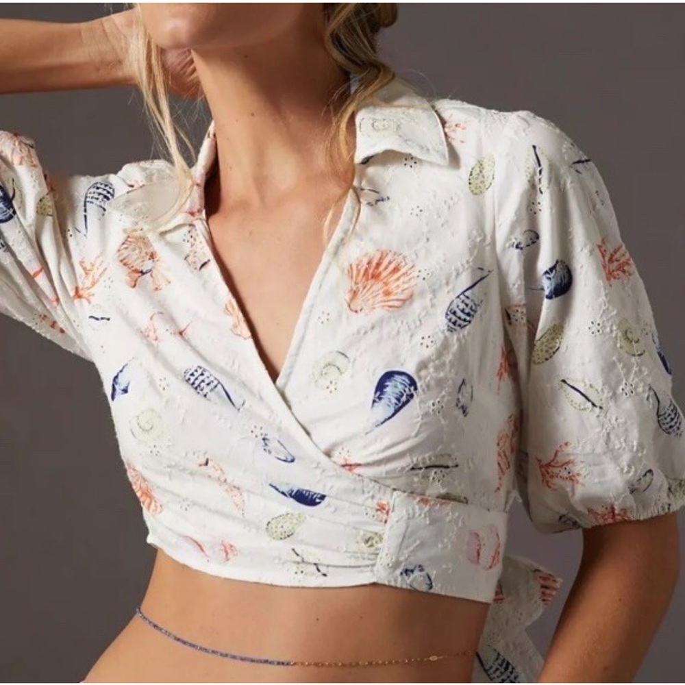 Anthropologie Maeve Wrap Eyelet Lace Top - White with Seashell Print New!